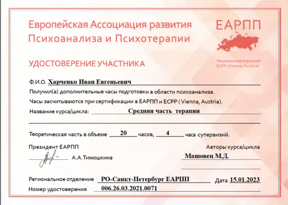 М. Д. Машовец. Средняя часть психоаналитической терапии, 2022